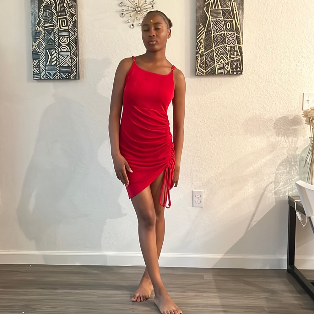 Red Spaghetti Strap Bodycon Ruched Side with Ties New M